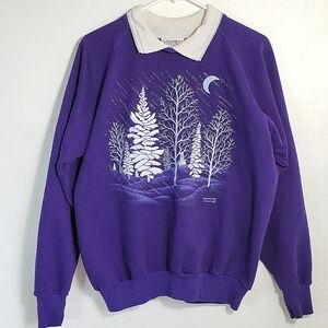 Vintage Unique Morning Sun Polo Collar Preppy 90s Winter Nature Graphic Crewneck